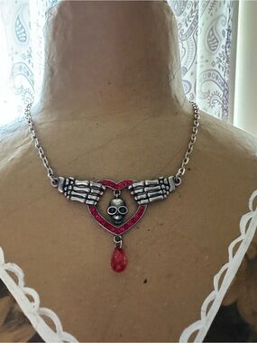 Silver-Tone Skull & Heart Necklace with Red Accents